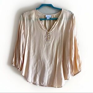 Liz Claiborne Pale Yellow V Neck Button Front Long Sleeve Tunic Top Medium